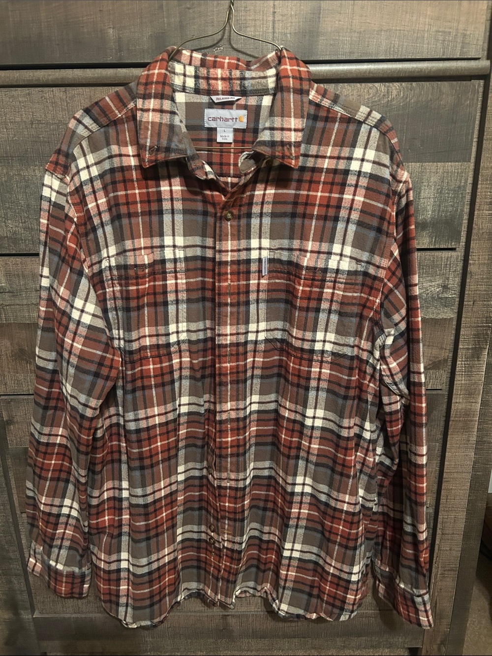 Carhartt Men’s Rust Red, Brown & Cream Plaid Button-Down Shirt